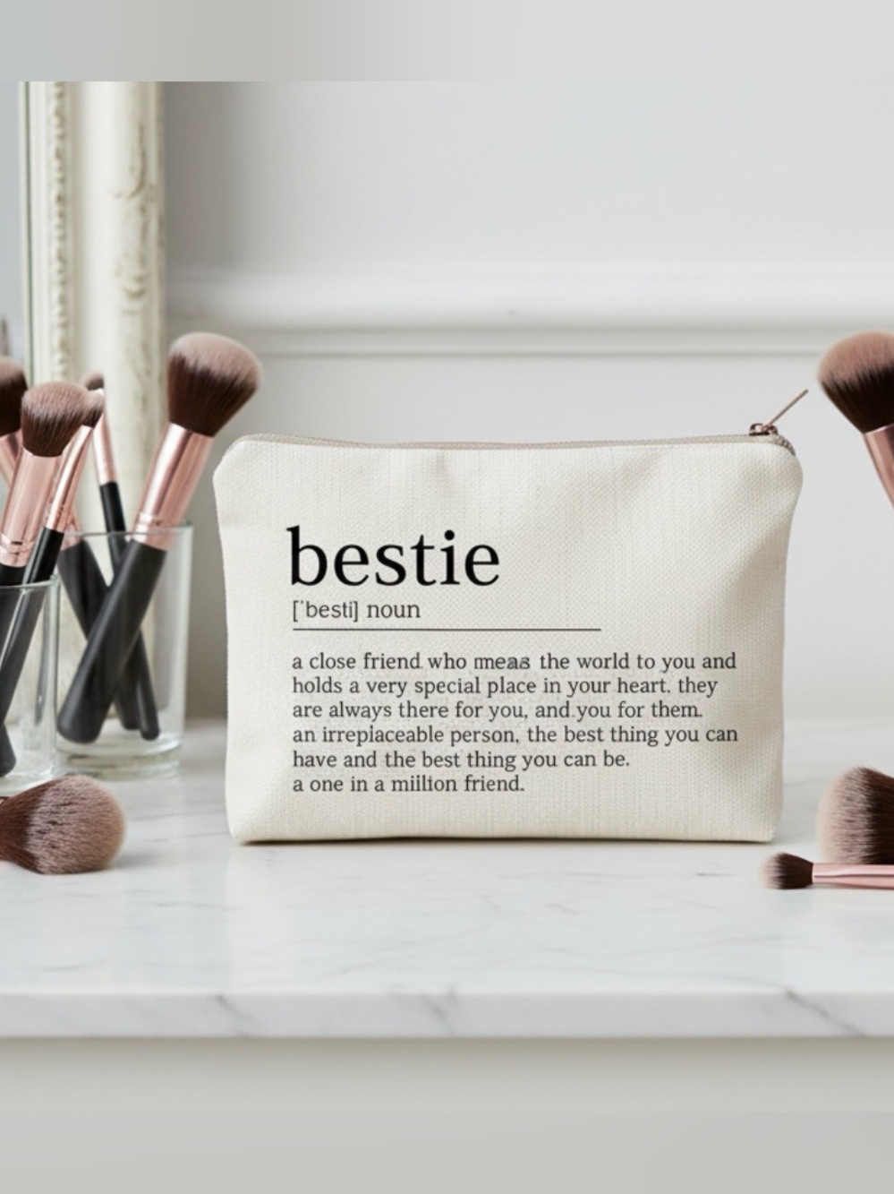 Bestie Canvas Makeup Bag – Cream with Black Print NWT